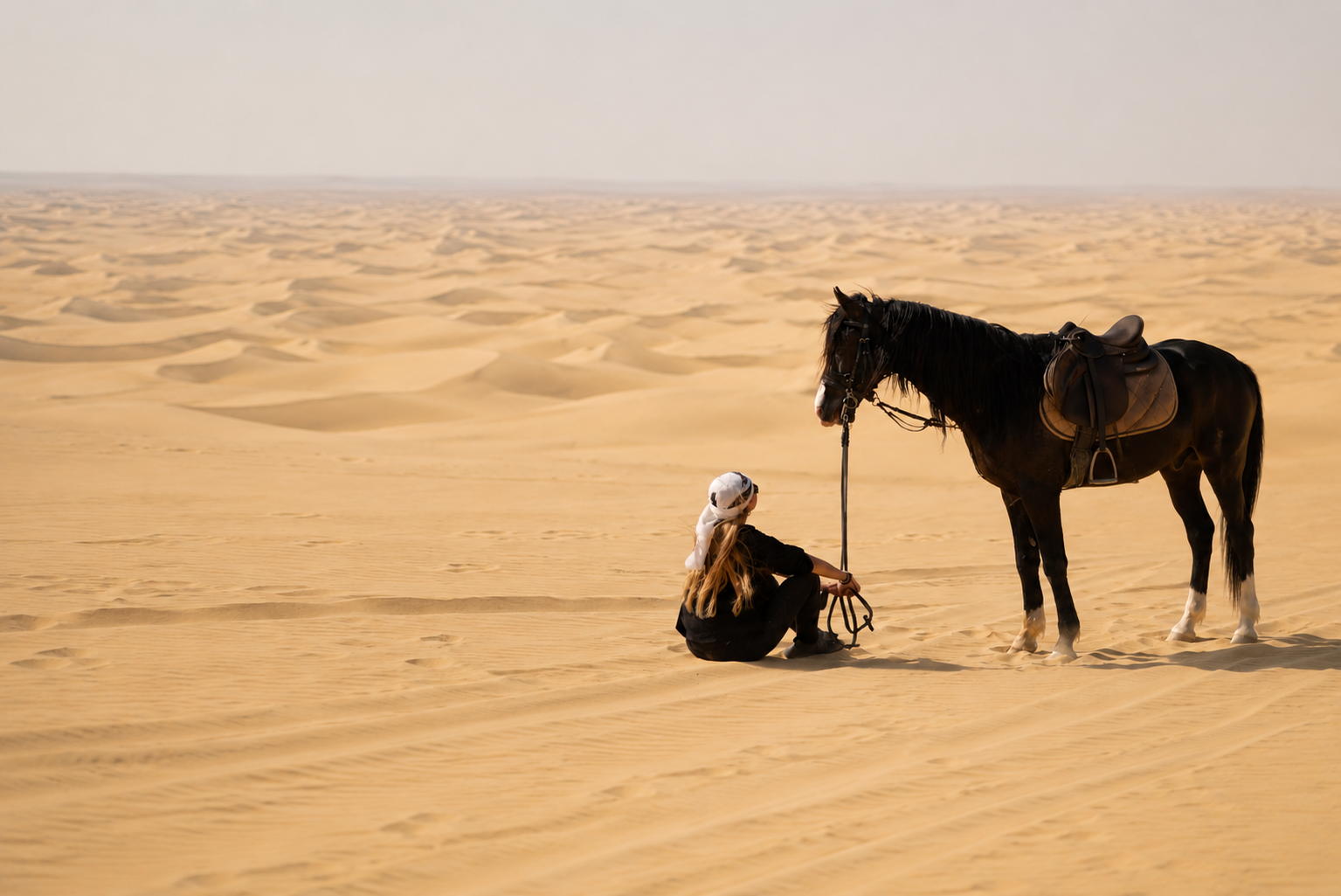 Calma en el desierto junto al caballo